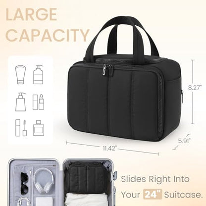 Toiletry Bag for Women Puffy Large,Travel Makeup Bag,Large Toiletry Bag with Adjustable Dividers,Waterproof Cosmetic Travel Bag with Trolley Sleeve,Toiletries Organizer,Black - color: Black