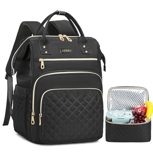 AIJIEKE Lunch Backpack for Women, 15.6 Inch Laptop Backpack with Detachable Insulated Cooler Lunch Box, 2-in-1 Water Resistant Work Computer Bag for Nurse Teacher College Commute, Black - color: Black