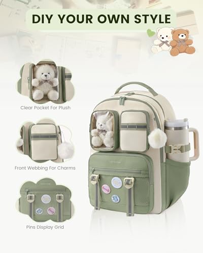 LOVEVOOK Cute School Backpack for Girls Ages 8-14, Bookbag with Plush Bear & Clear Display Pocket, Fits 15.6 Inch Laptop & 40oz Tumbler, Back to School Backpack for Elementary & Middle School - color: Green / Off-white