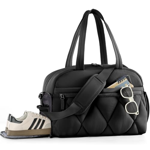 Gym Bag for Women, Puffer Travel Duffle Bag With Shoes Compartment & Wet Pocket, Carry On Tote Bag For Weekender, Overnight, Sport duffel bags for traveling (Black, Large) - color: Black, size: Large