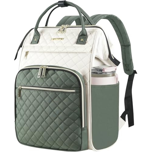 EMPSIGN 17 Inch Laptop Backpack for Women, Work Business Travel Computer College Bags, Large Capacity Water-repellent Quilted Casual Daypack, Beige-Army Green - color: Beige/Army Green, size: 17 inch