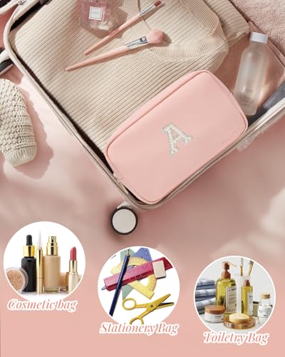 VLANDO Travel Gifts for Women Cute Initial Makeup Bag Graduation Gifts for Teen Personalized Birthday Gifts Idea for Women Teacher Bridesmaid Best Friend Mom,Letter M - color: 03-Pink-M