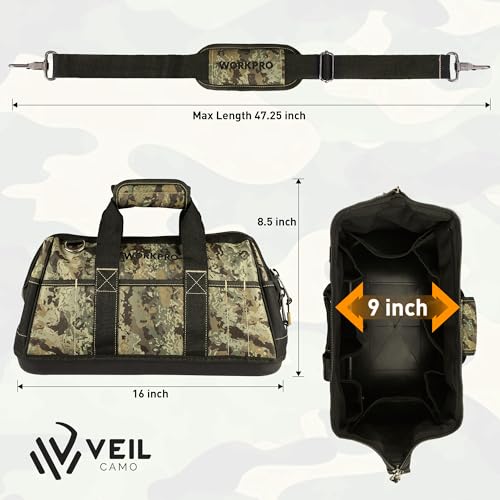 WORKPRO 16-Inch Wide Mouth Tool Bag with Water Proof Molded Base | Multi-Pocket Tool Bags for Men, Adjustable Shoulder Strap, Waterproof Oxford Fabric - color: Camouflage