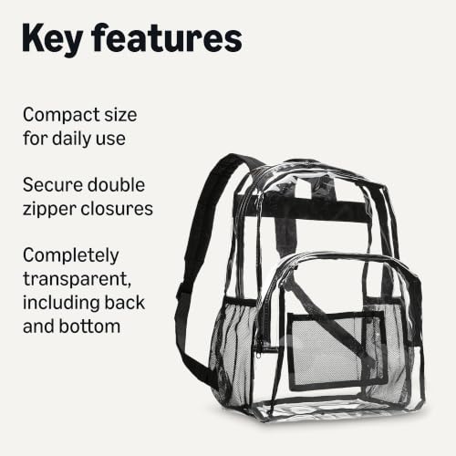 Amazon Basics Transparent Clear School Backpack, Water-Resistant PVC Plastic, Reinforced Shoulder Straps, 17 x 7 x 13 in - color: Clear