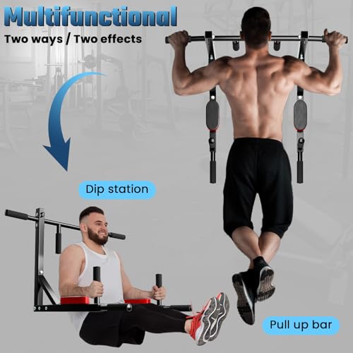 2 in 1 Pull Up Bar,Wall Mounted Pull Up Bar Chin Up for Home Gym Workout,Pull Up Bar Dip Station,Power Tower Set,Heavy Duty Pull-up Chin Up Bar,Indoor Fitness Equipment 440lbs Black