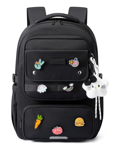 LOVEVOOK School Backpack for Teen Girl, Cute Bookbag with Large Bottle Holder, Lightweight Elementary Middle High School Student Backpack Fits 15.6 Inch Laptop, Back to Schools Kid Gift, Black - color: Black, size: 15.6 Inch