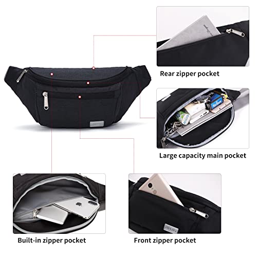 TINYAT Large Fanny Pack Travel Waist Bag Lightweight for Men&Women with Adjustable Strap T206 Black - color: Black