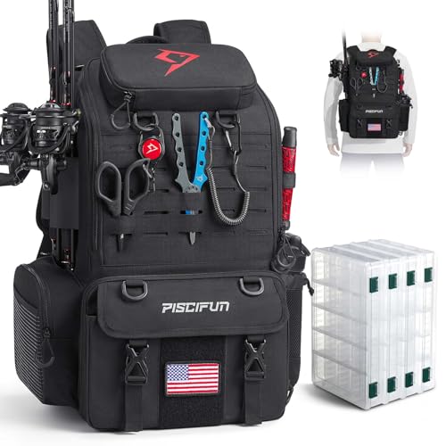 Piscifun 52L Fishing Tackle Backpack with Rod Holders & 4 Tackle Boxes, Large Tackle Bag for Gear Storage with Rain Cover - color: Black