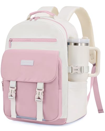 LOVEVOOK School Backpack for Teen Girls，Casual School Backpack 14-18 Teenage 15.6 Inch Laptop Bookbag, Cute Big Student Laptop Backpack for College Women Middle High School Travel Daypack，Pink - color: Pink and White, size: 15.6 inches