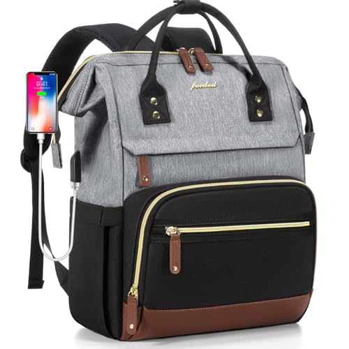 Focdod Laptop Backpack for Women Bag 15.6 Inch Work Business Backpacks Purse with USB Port Large Capacity Nurse Bag Backbag, Casual Daypack for Travel, Black-Grey-Brown - color: 3-black Grey Brown, size: 15.6 Inch