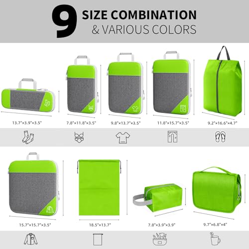 9-Set Packing Cubes with Hanging Bag | 9-Size Combination, Mesh Fabric & Reflective Stripe | Travel Luggage Organizers (Green) - color: Green