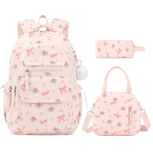 Bevalsa Backpack for Girls, 3PCS Corduroy Kids Backpack Set with Lunch Box & Pencil Pouch, Bookbag Daypack Laptop Bag for Women Teens Elementary Middle High School - color: Bow Flower