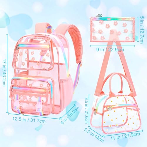 KLFVB Clear School Backpack Heavy Duty, 3PCS Girls See Through Bag Set, Cute Transparent Bookbag for Women - Plum Blossom Pink - color: Plum Blossom Pink Clear Backpack
