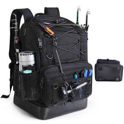 Fishing Backpack with 4 Tackle Boxes, Heavy Duty Fishing Bag with Waterproof Bottom, Tackle Backpack Gifts for Man Woman-Pure Black - color: Pure Black