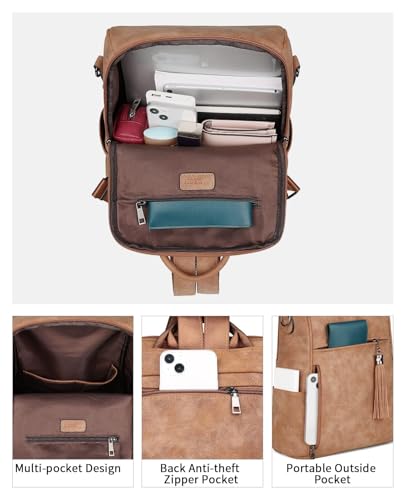 FADEON Leather Backpack Purse for Women Designer Travel Backpack Purses PU Fashion Ladies Shoulder Bag with Tassel - color: Retro Camel Brown Nubuck Style