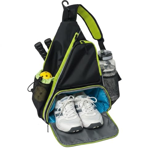 Pickleball Sling Bag with Shoe Compartment - Crossbody Backpack Fits 2 Paddles, 32oz Bottle & Fence Hook, Sports Bag for Men & Women (Shoe Limit: up to US Men's 10 / Women's 11.5) - color: Black/Neon Green