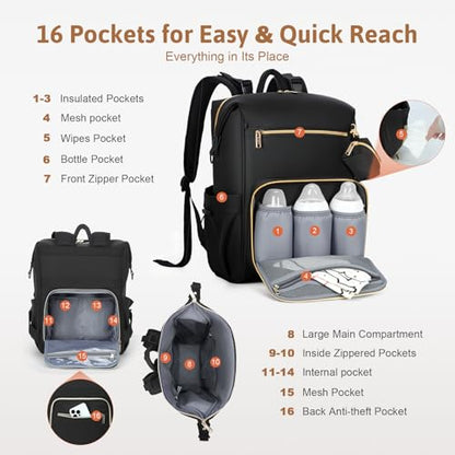Lekesky Pañaleras para bebe, Diaper Bag Backpack for Baby, Large Capacity Diaper Bag with 16 Pockets, 1.52lb Lightweight Waterproof Diaper Backpack with Changing Pad, Stroller Bag for Mom Dad Travel - color: Black