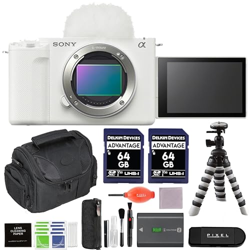 Sony ZV-E1 Mirrorless Camera (White) Advanced Accessory Bundle with 2 x 64GB SD Card, Gadget Bag, Flexible Tripod, & More - style: Essential