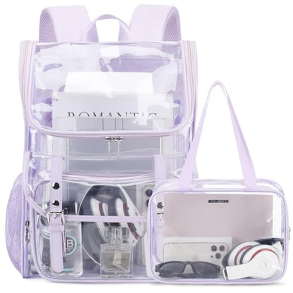 DIGOBAY Clear Backpack with Lunch Bag Set, Leather Clear Backpack Heavy Duty Thick PVC Bookbag Fashion See Through Transparent Backpacks with Support Pad for College Travel Work Purple - color: Purple1