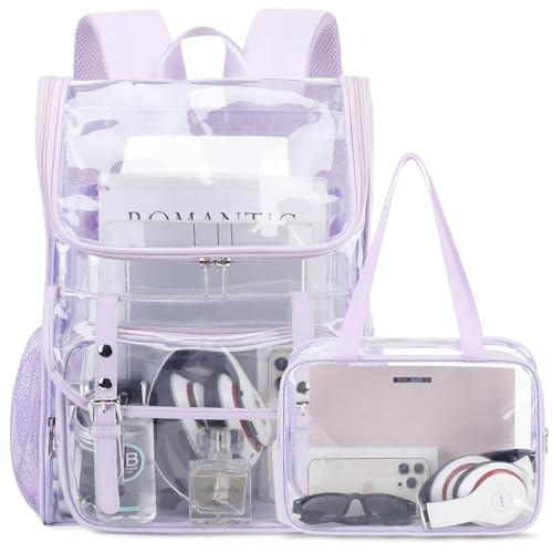 DIGOBAY Clear Backpack with Lunch Bag Set, Leather Clear Backpack Heavy Duty Thick PVC Bookbag Fashion See Through Transparent Backpacks with Support Pad for College Travel Work Purple - color: Purple1