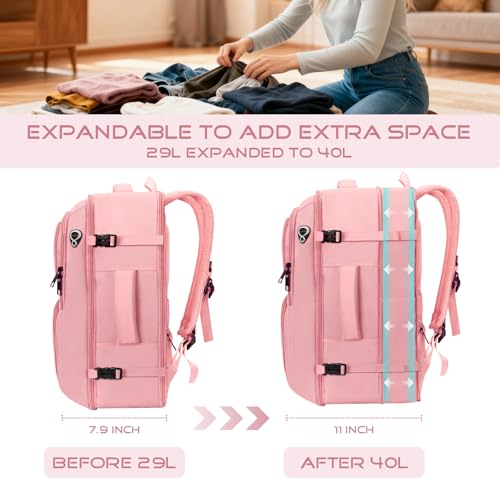 Travel Backpack for Women, 52L Carry On Backpack, Extra Large Expandable Travel Bag, 18.4 Inch TSA Flight Approved Luggage Personal Item Size with USB, Teacher Business Daypack, Pink - color: Pink
