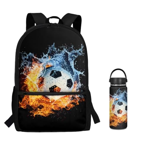 ZOUTAIRONG Large Capacity Bookbag for School and Small Insulated Water Bottle, School Bags for Age 7-10/10-12/12-16, Flaming Water Soccer Design Backpack with Side Pockets - color: Flaming Water Soccer Design
