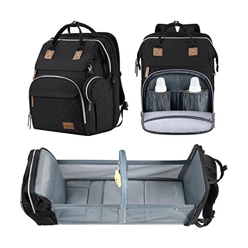 DERJUNSTAR Baby Diaper Bag Backpack with Changing Station, Large Capacity Baby Diaper Bags for Boys Girls, Waterproof Changing Pad, USB Charging Port, Pacifier Case, Sunshade and Toy Bar - color: Diamond Black