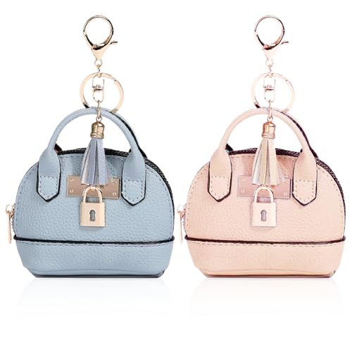 2 PCS Cute Mini Tote Bag Keychain for Women PU Leather Mini Backpack Purse Keychain Little Cosmetic Bag Key Lipstick Card Data Cable Organizer - color: Pink + Blue
