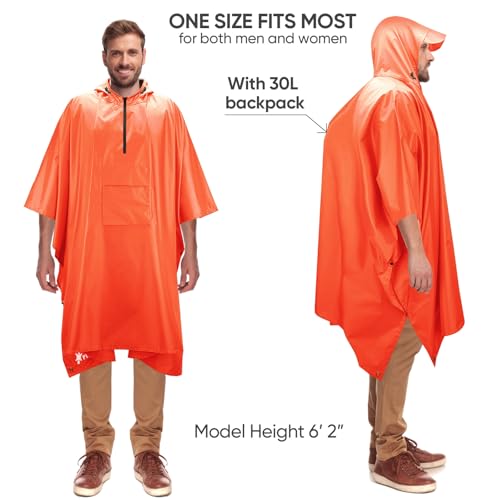 PTEROMY 3-in-1 Hooded Rain Poncho for Adult with Pocket, Waterproof Lightweight Unisex Raincoat for Hiking Camping Emergency - color: Orange 1/4 Zipper