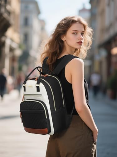 Laptop Backpack for Women, Bookbag for Teacher Work College Back Pack with Charging Hole High School Backpack for Teen Girls Water Resistant, BeigeBlack Brown
