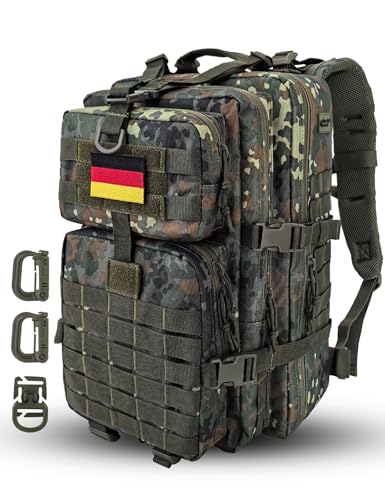 Hannibal Tactical MOLLE Assault Backpack, Tactical Backpack Military Army Camping Rucksack, 3-Day Pack Trip w/USA Flag Patch, D-Rings, Flecktarn - color: Flecktarn
