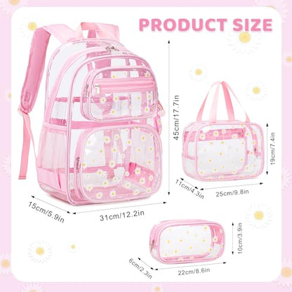 ACESAK Clear Backpack for Girls - 3 Pcs Clear Backpack Heavy Duty with Lunch Bag - See Through Bookbag Stadium Approved for Kids Middle High College School Sport Travel (Pink Daisy) - color: Pink Daisy