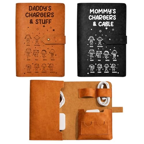 Personalized Leather Cable Organizer Bag - Custom Travel Tech Pouch for Cords and Chargers, Electronics Organizer Case, Compact Charger Organizer, Gift for Travelers (Mom Dad Kids) - color: Mom Dad Kids
