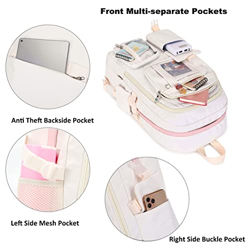 Backpack for Girls with Accessories Laptop Bookbags 16 Inch Kawaii Kids Elementary Middle High School Bag College Travel Daypack Gifts for Teens Women Students (Off-white) - color: Off-white