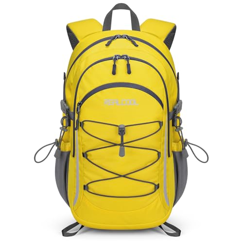 RealCool 30L Lightweight Hiking Backpack, Waterproof Daypack for Camping | 210D tear-resistant nylon, breathable shoulder and back panel, Multi-Compartment,hydration system,reflective strip,bungee net - color: Yellow, size: 30L