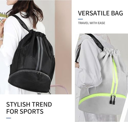 Drawstring Backpack Gym Bag with Shoe Compartment - Ideal for Basketball, Swimming, Beach Activities, Unisex - color: Silver Grey