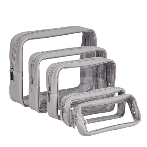 Remobia Hicol TSA Approved 5-Piece Diaper Bag Organizer Pouch Set Clear Waterproof TPU Kids Toiletry Storage Set Travel Packing Clutch Cube Bags for Baby Nursing (Light Gray) - color: Light Gray Leather