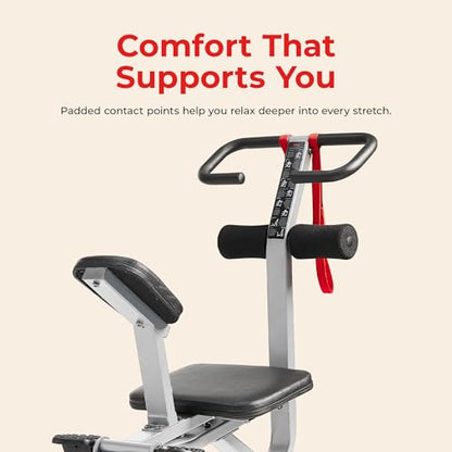 Sunny Health & Fitness Full Body Stretch Machine for Home Gym, Back Stretcher & Flexibility Trainer with Pivoting Seat, Foam Rollers, Safety Straps, Handlebar & SunnyFit App - color: Gray