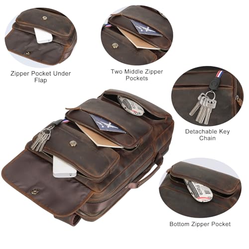 TIDING Full Grain Leather 17.3 Inch Laptop Backpack for Men, Convertible Business Briefcase Weekender Camping Bag Travel Rucksack