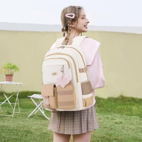 3PCS Student Backpack For School Women College Middle High Teen Girls Bookbag Waterproof Laptop Bag Beige Khaki - color: Beige Khaki