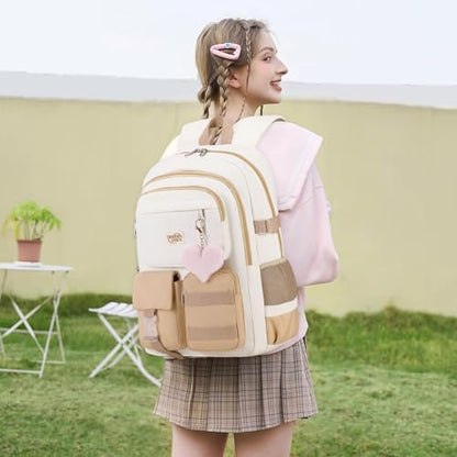 3PCS Student Backpack For School Women College Middle High Teen Girls Bookbag Waterproof Laptop Bag Beige Khaki - color: Beige Khaki