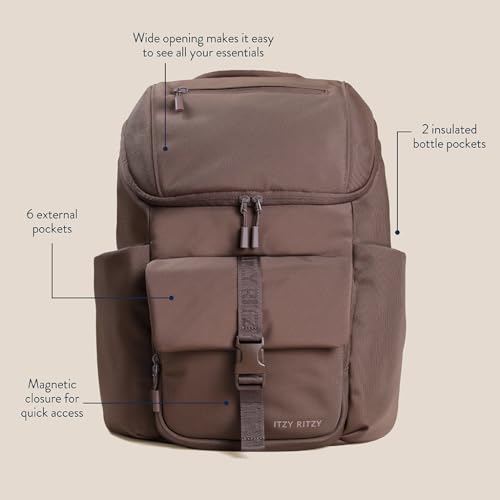 Itzy Ritzy Belong Bucket Backpack – Lightweight Diaper Bag Backpack Featuring 16 Pockets, Bucket Top Opening, Stroller Straps & Changing Pad – Organized and Stylish Everyday Family Backpack (Mocha) - color: Chocolate