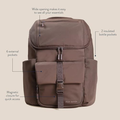 Itzy Ritzy Belong Bucket Backpack – Lightweight Diaper Bag Backpack Featuring 16 Pockets, Bucket Top Opening, Stroller Straps & Changing Pad – Organized and Stylish Everyday Family Backpack (Mocha) - color: Chocolate