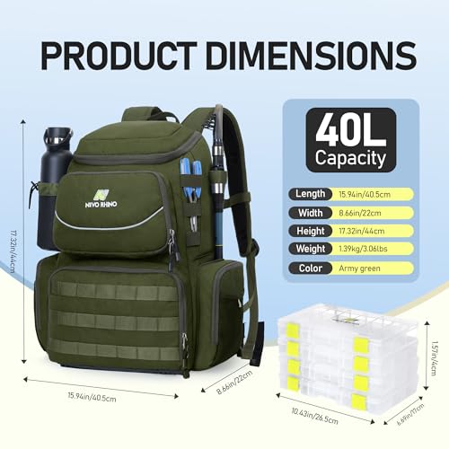 N NEVO RHINO Fishing Tackle Backpack with Rod Holders, 40L Large Fishing Bag with Waterproof Rain Cover,Outdoor Tackle Bag - color: Army Green Pack with 4 Trays, size: Pack with 4 Trays