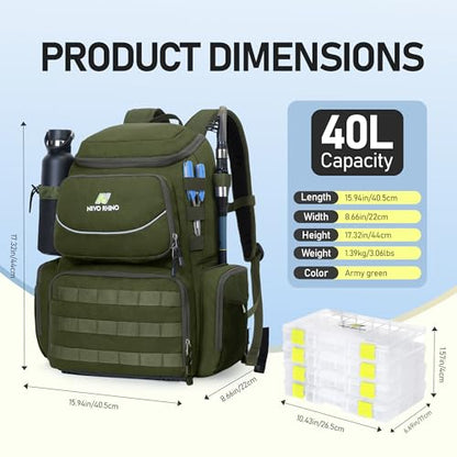 N NEVO RHINO Fishing Tackle Backpack with Rod Holders, 40L Large Fishing Bag with Waterproof Rain Cover,Outdoor Tackle Bag - color: Army Green Pack with 4 Trays, size: Pack with 4 Trays