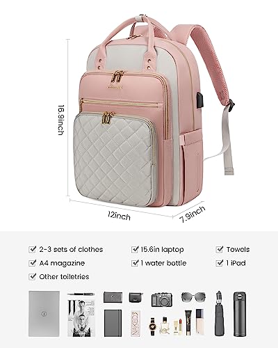 LOVEVOOK Laptop Backpack, D-Pink-Grey, 15.6in Laptop Compartment, 26L Capacity, 18 Pockets, Ergonomic Shoulder Straps, USB Charging Port - color: D-pink-grey, size: 15.6-Inch