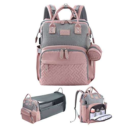 JOLLITO Baby Diaper Bag Backpack with Changing Station, Large Capacity, Stroller Straps and USB Charging Port, Baby Registry Search for Boys & Girls - color: Pink