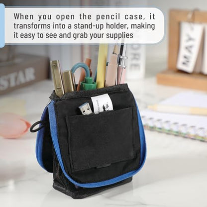 Mr. Pen- Standing Pencil Case Pouch, Sit & Lay Mesh-View Design, Black with Blue Zipper, Interior Pocket & 2 Elastic Binder Loops, Cute Pencil Case for Girls and Boys - color: Black with Blue Zipper