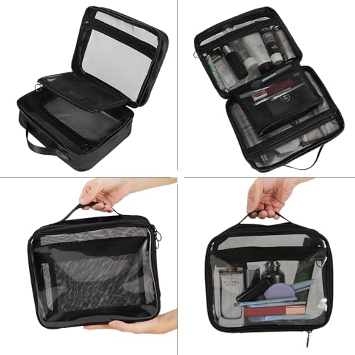 TSA Approved Toiletry Bag, Clear Makeup Bags with Multi Layer Mesh Pockets, Portable Large Capacity PVC Cosmetic Bags with Zipper for Travel Essentials - size: L