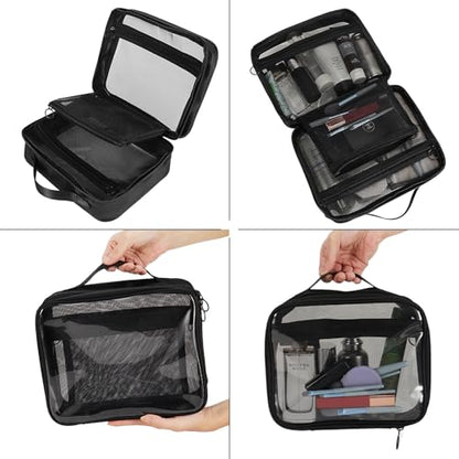 TSA Approved Toiletry Bag, Clear Makeup Bags with Multi Layer Mesh Pockets, Portable Large Capacity PVC Cosmetic Bags with Zipper for Travel Essentials - size: L